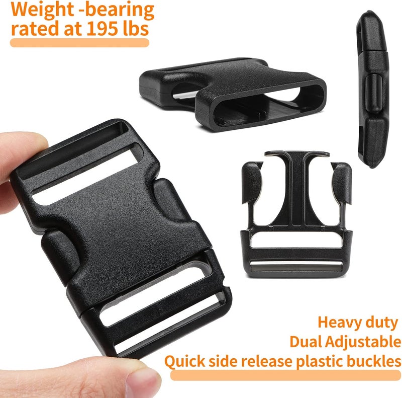 BEYOURD Heavy-Duty Buckles and Strap Set 1-1/2": 6 Yards of Thick Nylon Webbing, 6-Pack Adjustable Quick Side Release Plastic Buckles, 12 Tri-Glide Slide Clips, Black (1-1/2" Combo Set) - Image 3